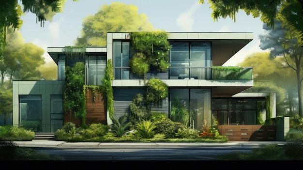현대 주택 녹색 생태 건물의 녹색 정면