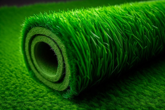 Green fake grass is used for carpet walls floors and sports arenas suitable for both indoor and outdoor use objects backgrounds decorations and textures Generative AI