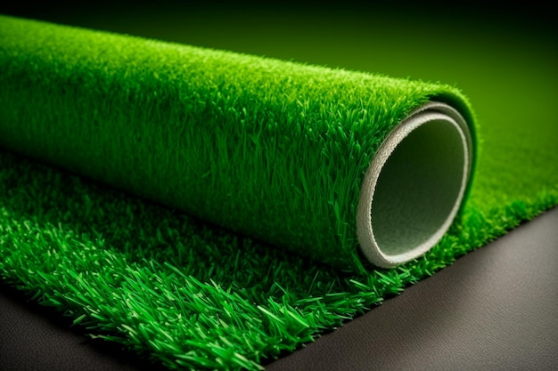 Green fake grass is used for carpet walls floors and sports arenas suitable for both indoor and outdoor use objects backgrounds decorations and textures Generative AI