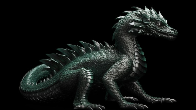 Зеленый фэнтезийный дракон, изолированный на черном backgroundgenerative ai