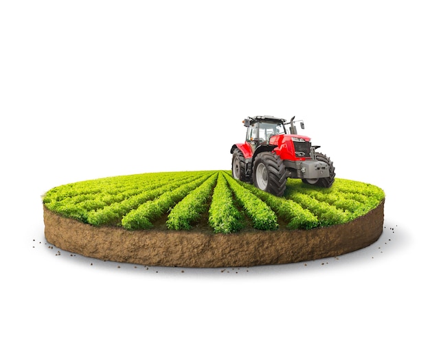 green farmland with crops and tractor isolated on piece of land isolated on white background 3d