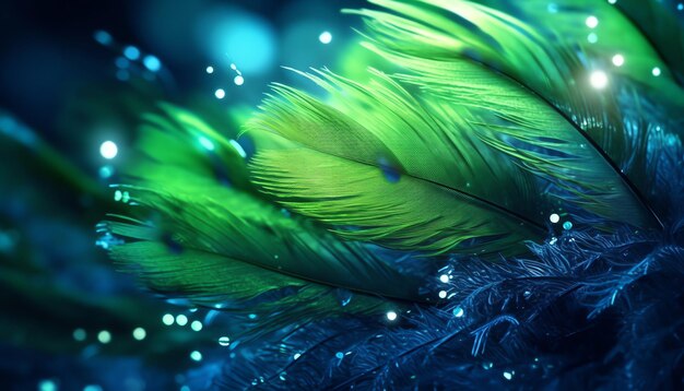 A green feather with a blue background that says'blue feather '