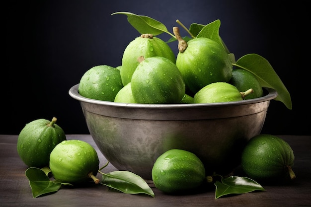 Green feijoas in a metallic pot on grey