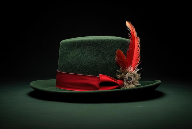 a green felt hat with a feather and red hatband in the style of deutscher werkbund