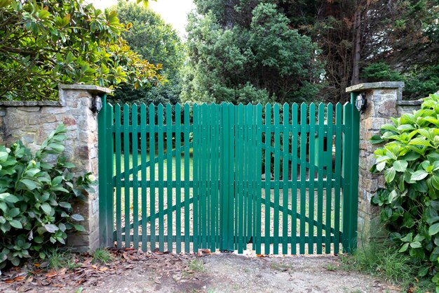 Green fence made of wooden vertical boards.