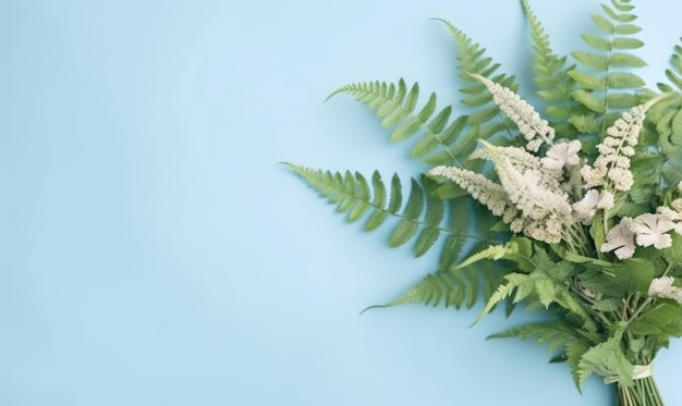 A green fern bouquet on a pastel blue background with empty copyspace Botanical concept Flat lay Created with generative AI tools