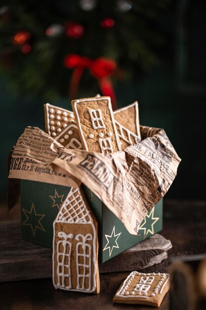 Green festive box with christmas cookies