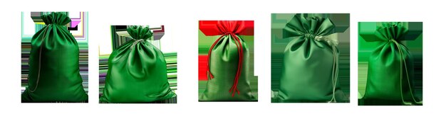 Photo green festive sacks with red ribbons isolated on transparent background