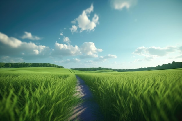 Green field background leading road blue sky