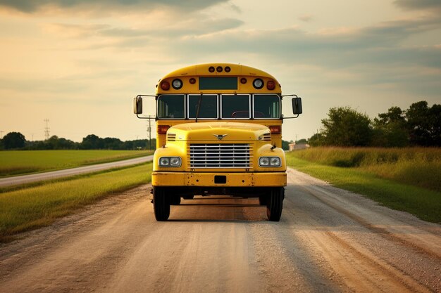 Green field background yellow bus to school back to school Generative ai