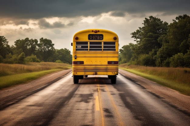 Green field background yellow school bus advancing back to school Generative ai