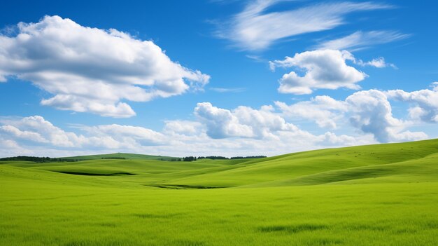 green field and blue sky field and clouds