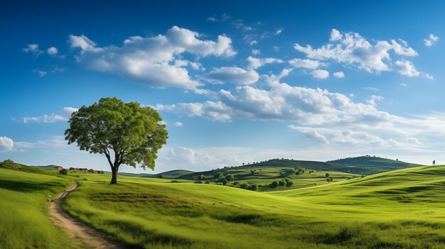 Photo green field and blue sky field and clouds