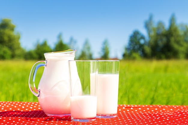 Campo verde e cielo azzurro. due bicchieri e una brocca di latte. mangiare sano.