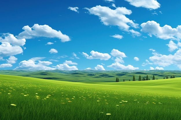 Photo green field and blue sky with white clouds 3d rendering ai generated