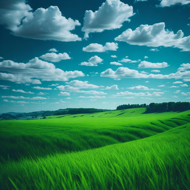 Green field and blue sky with white clouds Beautiful nature background