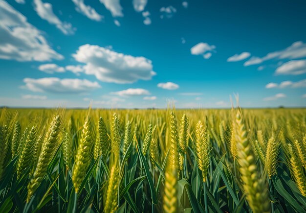 a green field of crops on blue sky