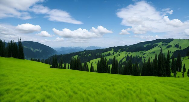 Green field in front of a mountain