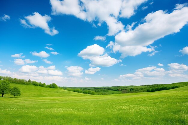 写真 青い空と白い雲の春の緑の畑