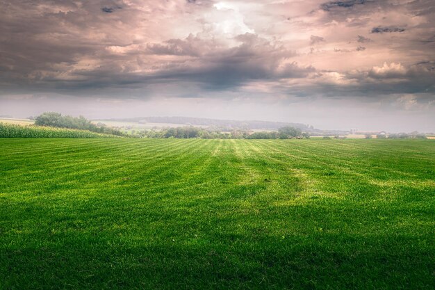Foto campo verde di un campo di atterraggio con cielo cupo con bellissime nuvole e natura sullo sfondo