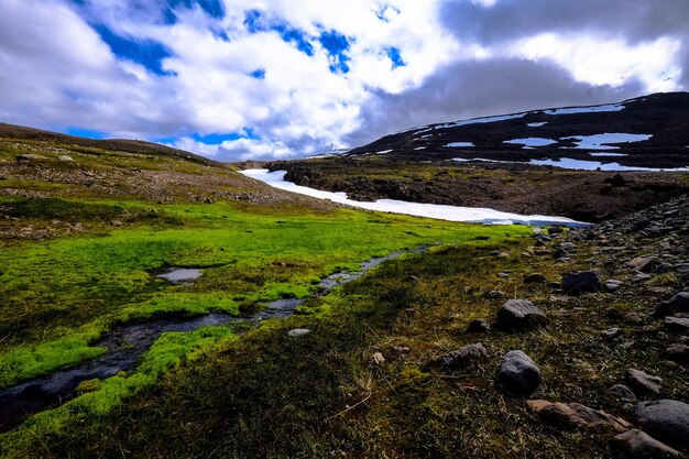 Green field under sky full of clouds photo