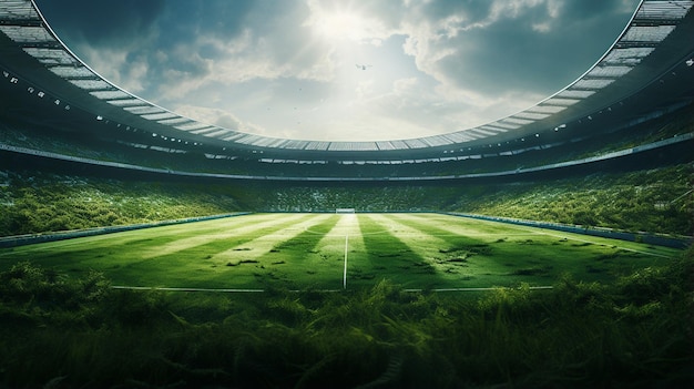 Green field and stadium. mixed media