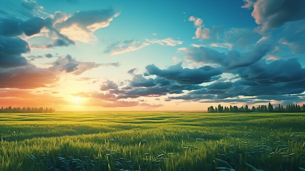 Green field sunset with sky Generative Ai