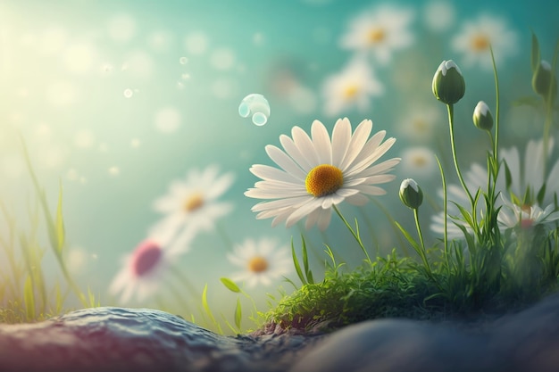 Green field with blooming daisies Illustration AI Generative