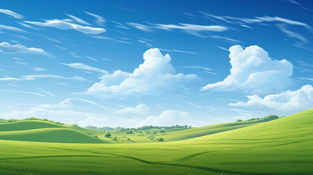 Зеленое поле с голубым небом и облаками.