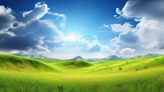 Green field with a blue sky and clouds