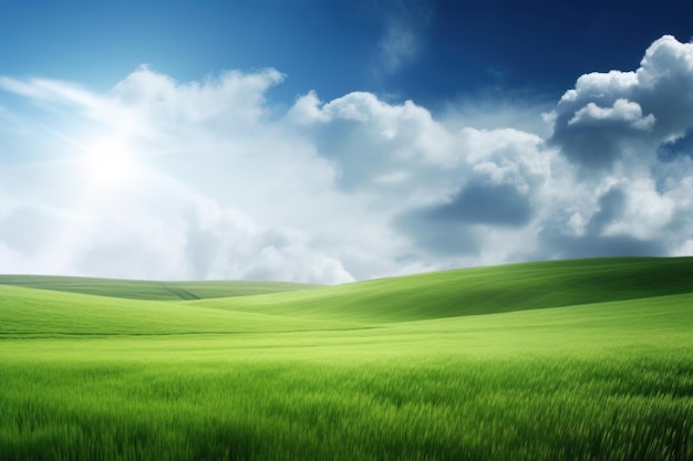 Green field with a blue sky and clouds