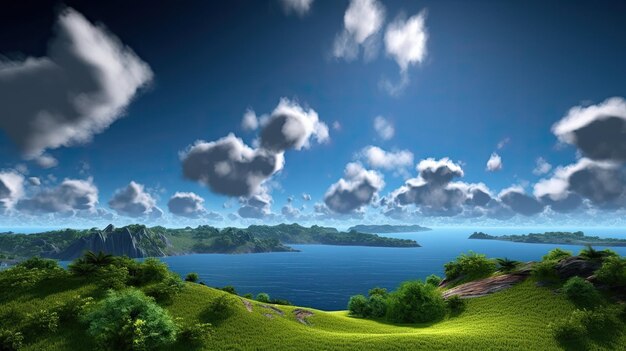 A green field with a blue sky and clouds