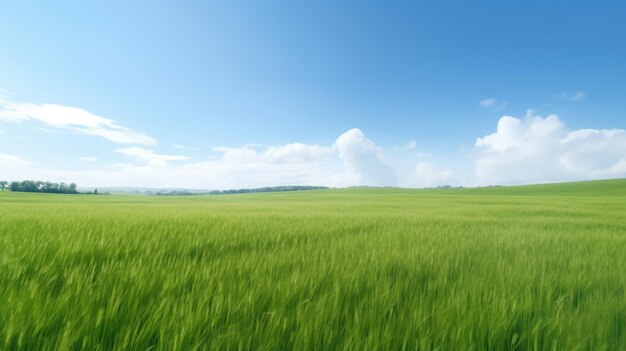 Green field with a blue sky and clouds