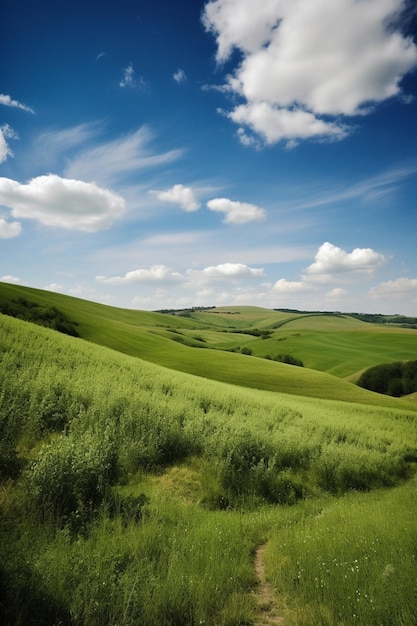 A green field with a blue sky and clouds