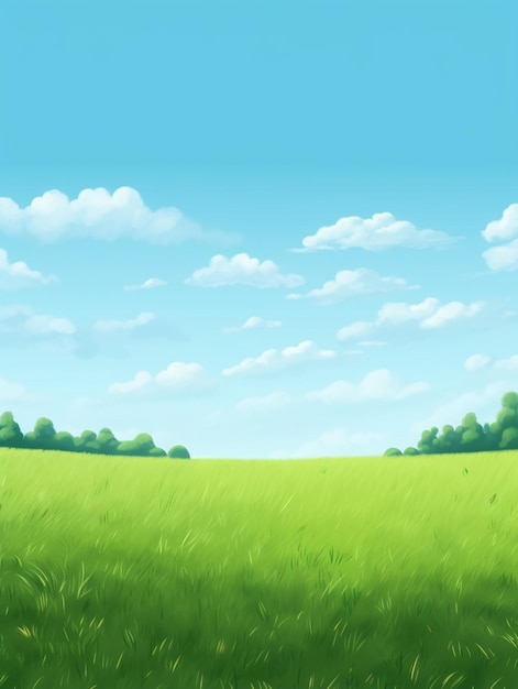 A green field with a blue sky and clouds