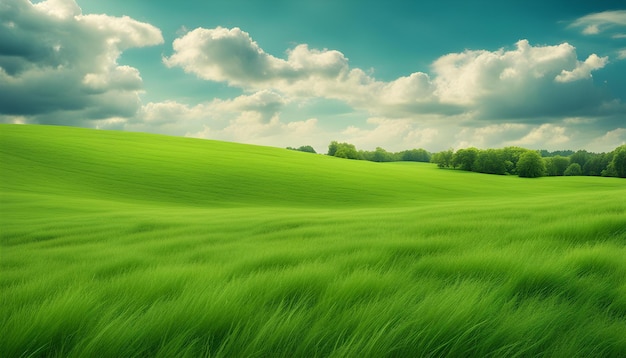 a green field with a blue sky and clouds