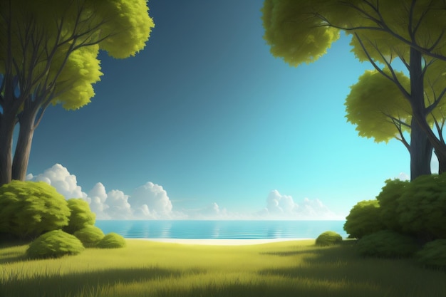 A green field with a blue sky and a green field with trees and sea in background with generative ai