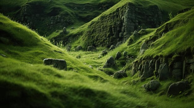 층의 깊이의 스타일의 언덕 위에 잔디와 함께 초록색 필드