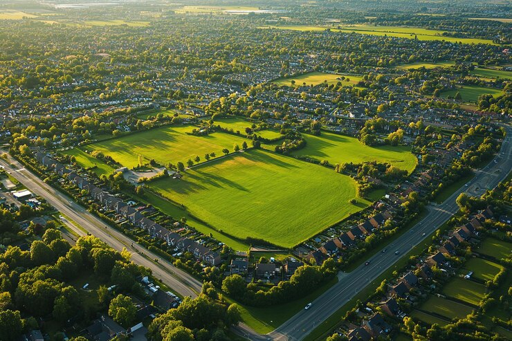 Photo a green field with a green field and houses in the distance