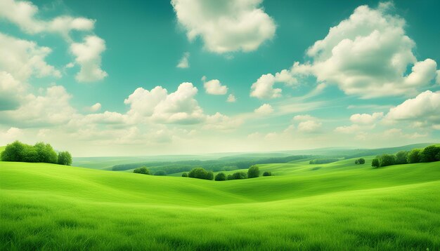 a green field with a green field and the sky with clouds