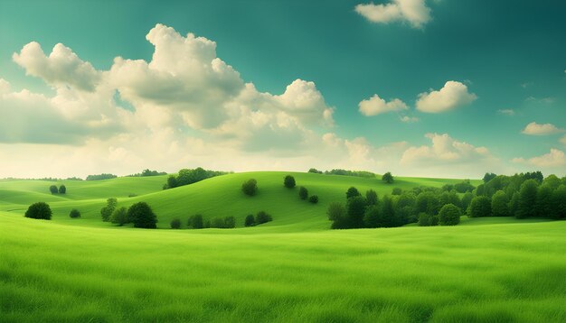 a green field with a green hill and a blue sky with clouds