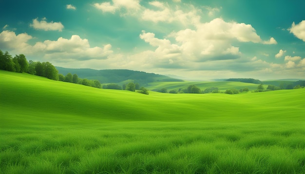 a green field with a green landscape and a blue sky with clouds