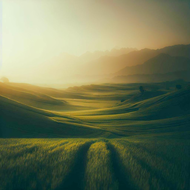 A green field with hills and a foggy sky