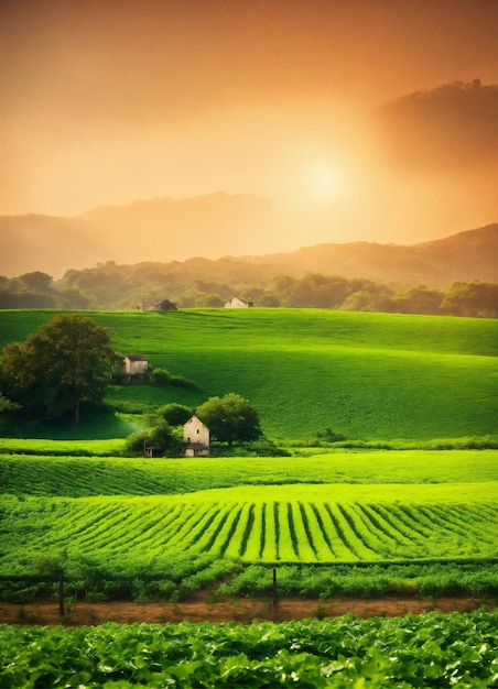 a green field with a house in the background