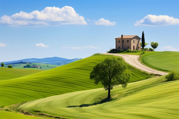 A green field with a house on top of it