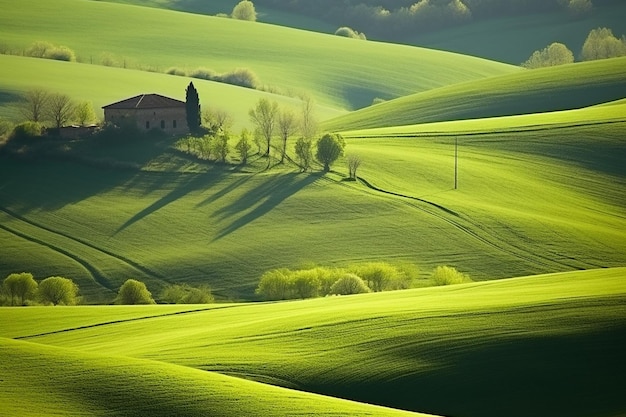 Foto un campo verde con una casa in cima