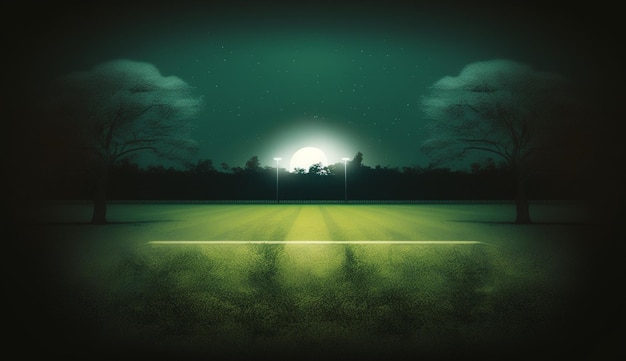 A green field with moon in the background