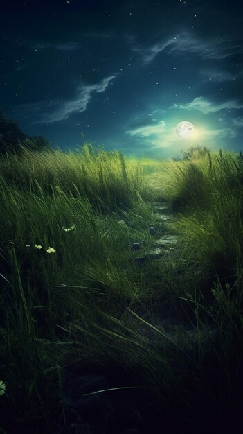 A green field with a moon and the moon