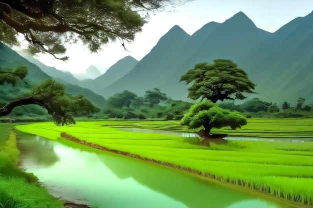 A green field with a mountain in the background