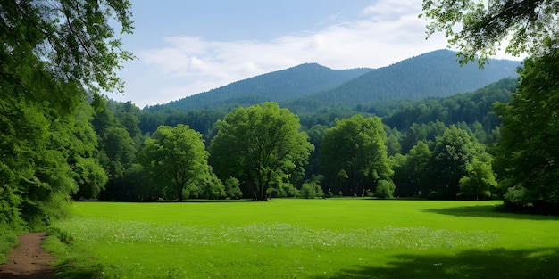 Photo a green field with a mountain in the background